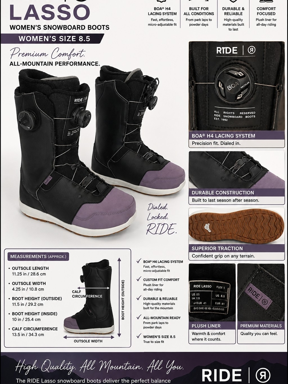 Ride Lasso Women's Snowboard Boots — Black with Purple Toe 8.5